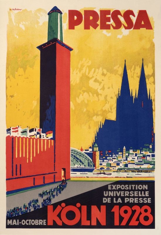 Exposition buildings and crowds; blue, orange, yellow, green