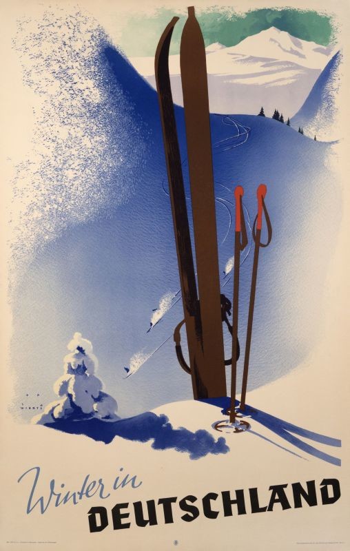 Skis and poles in snow, skiers below, mountains in background; blue, white, brown