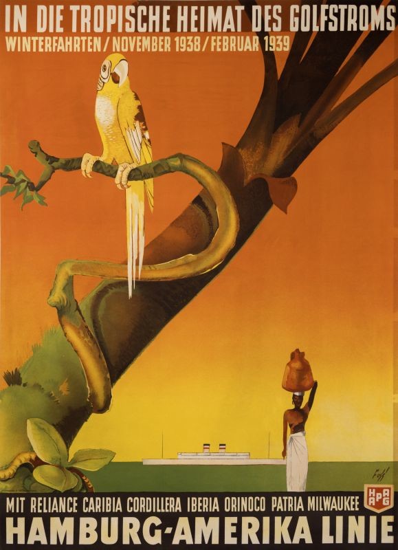 Ocean liner, parrot in tree and native woman; orange, yellow, green