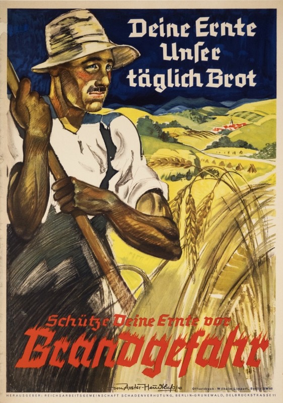 Farmer in wheat field; red, yellow, blue, green, white