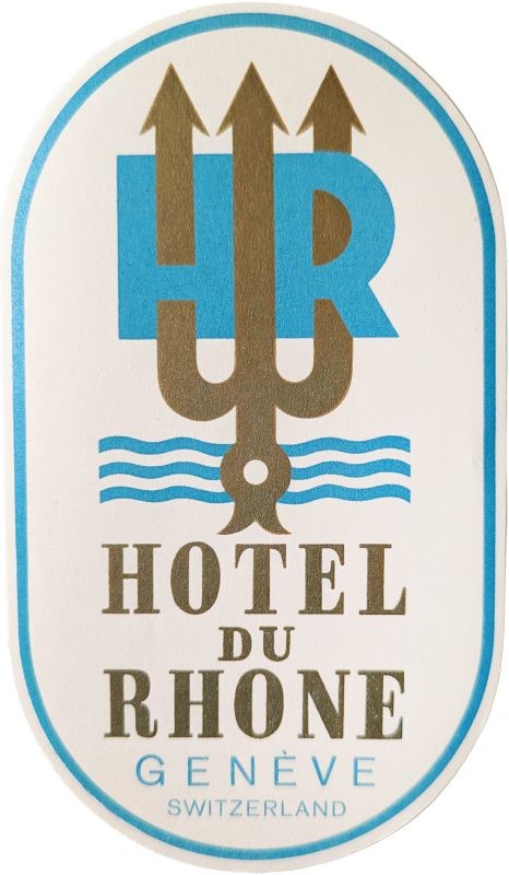 Trident rising from the ocean piercing the letters "H" and "R"; blue, gold, white