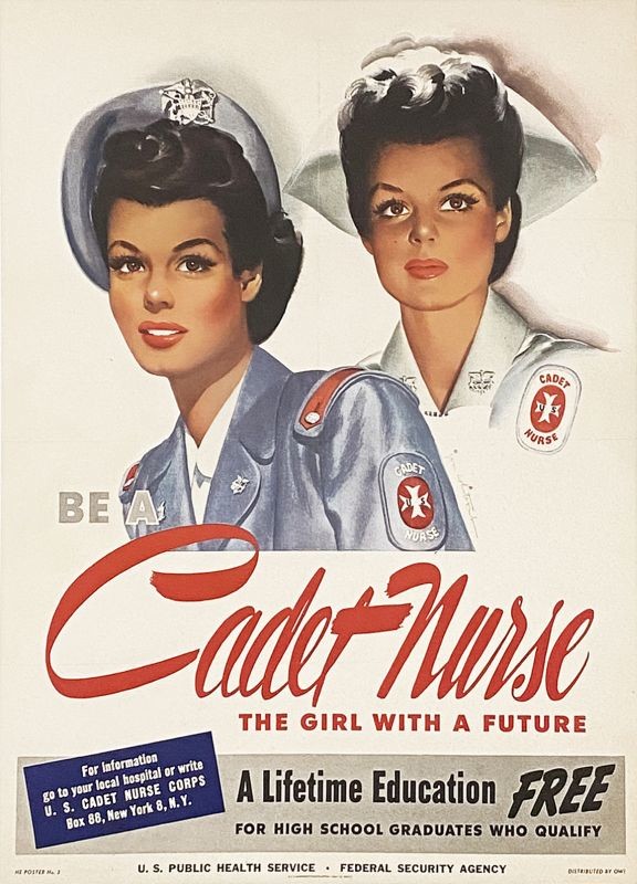 Young woman in 2 different cadetnurse uniforms; blue, white, red
