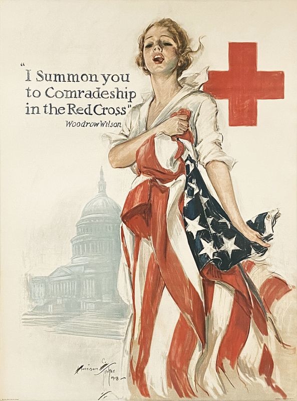 Red Cross Woman wrapped in US flag, Capitol Hill building background; red, blue