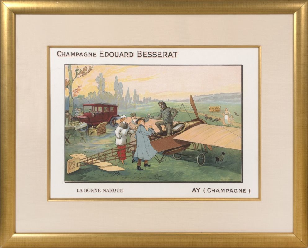Man in airplane is greeted by people with champagne; brown, yellow, green, blue, red