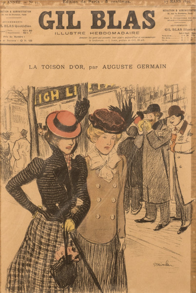 Two woman walking on city street; brown, orange, black