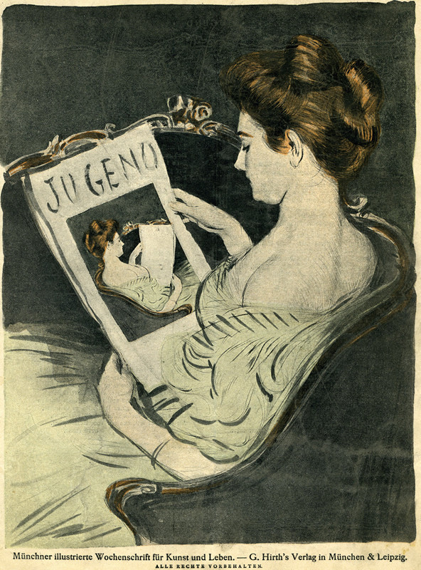 Woman sitting in chair reads Jugend with her image on it; blue, brown, black