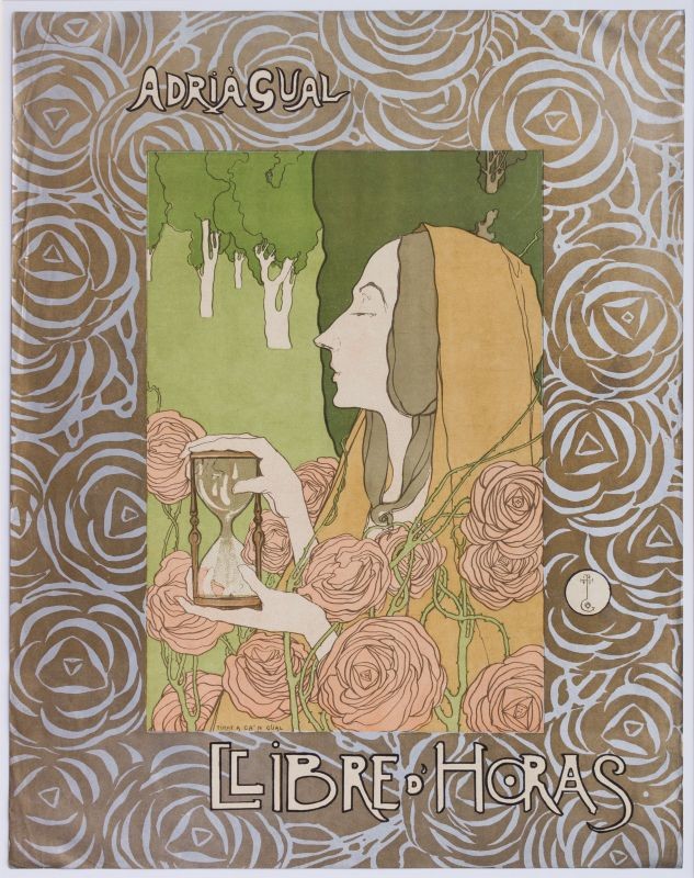 woman in profile holds hourglass with flowers growing around her, inside decorative border; green, pink, yellow, blue, brown