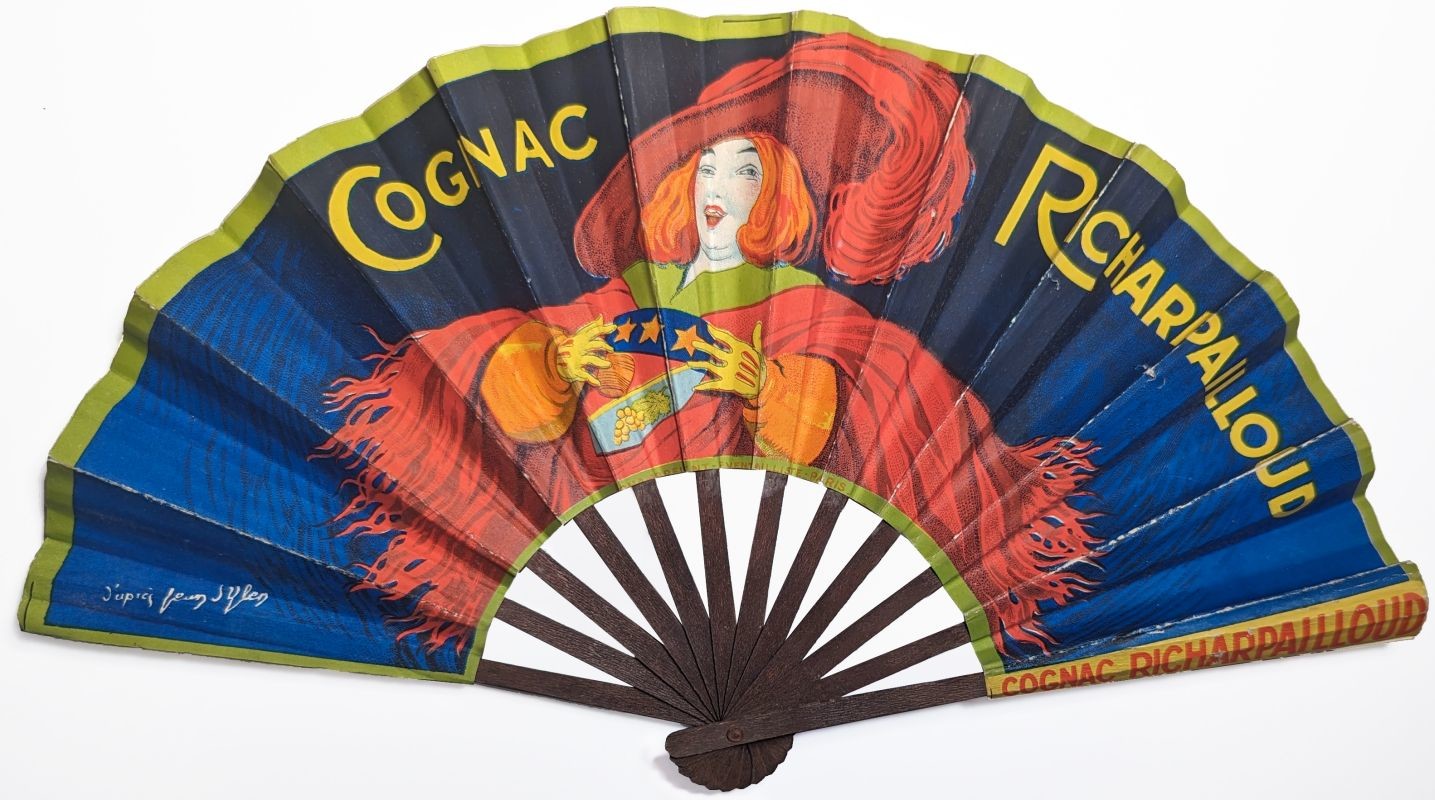 ornamental fan with musketeer; red, orange, blue, yellow