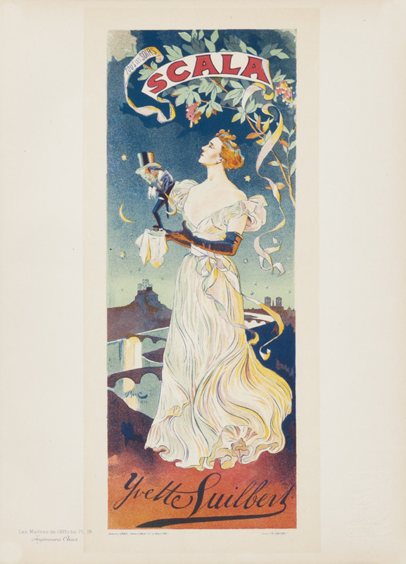 Woman in moonlight with hand puppet; blue, red, green