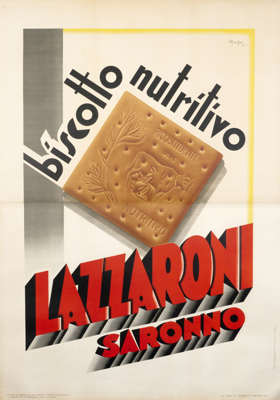 Biscuit with stylized type; brown, red, black, gray