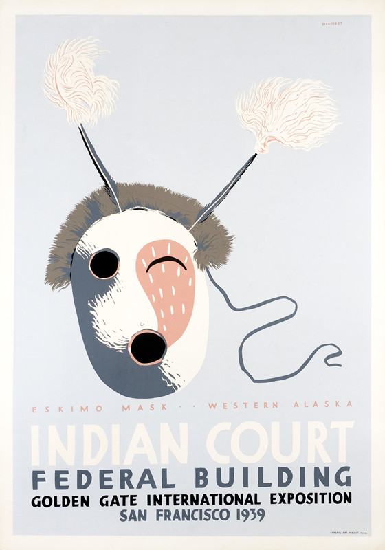 WPA Native American Indian mask; blue, white, gray