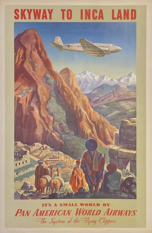 DC2 airplane above, Peruvians look out over Machu Picchu; blue, brown