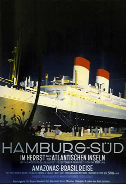 ocean liner at port w/ palm tree in evening