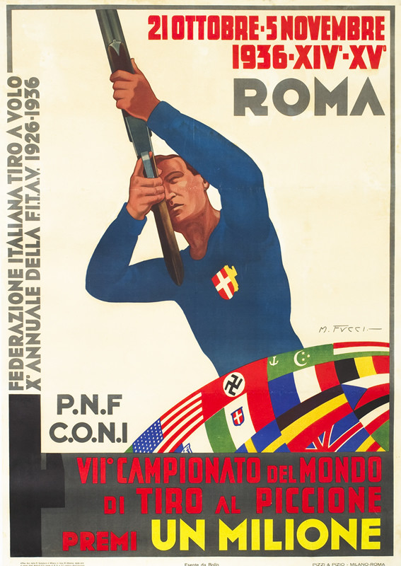 Rifleman takes aim with flags of the world furled below him; blue, red, yellow