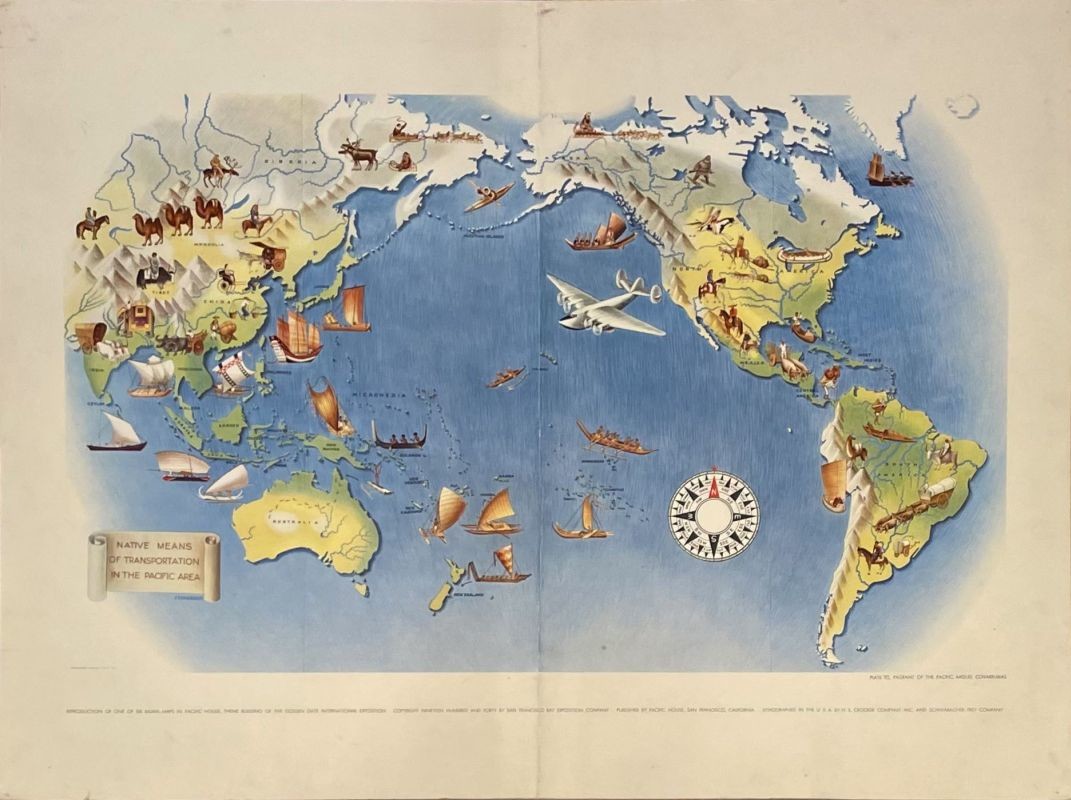 pictorial map of Pacific ocean including Asia, Australia, North and South America; blue, green, yellow, brown