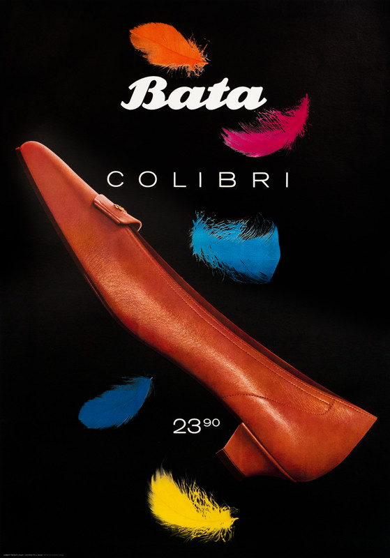 Red shoe on black background with feathers; black, red, blue 