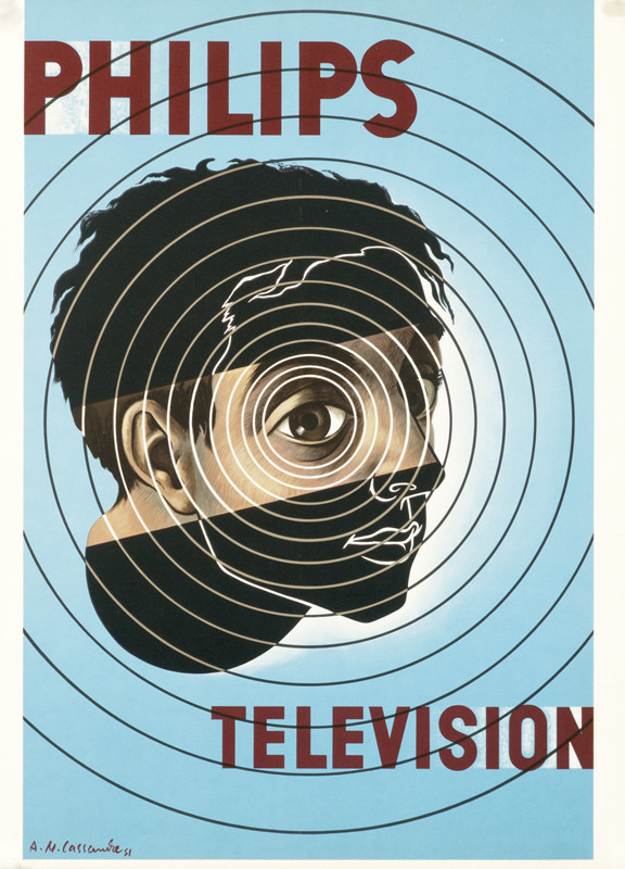 Television waves emanate from man's eye; blue, black